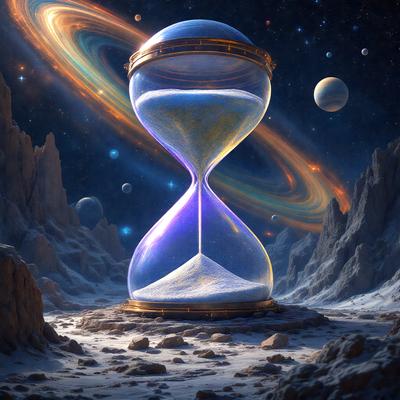 The primary subject of the image is a large, ornate clock with a purple face, placed on a rocky surface. The clock is surrounded by a variety of celestial elements, including planets, stars, and a moon. The setting is a space-themed environment, with the clock as the focal point. The visual style is a combination of digital art and illustration, creating a unique and intricate design. The colors and mood of the image are predominantly dark and dramatic, with the purple